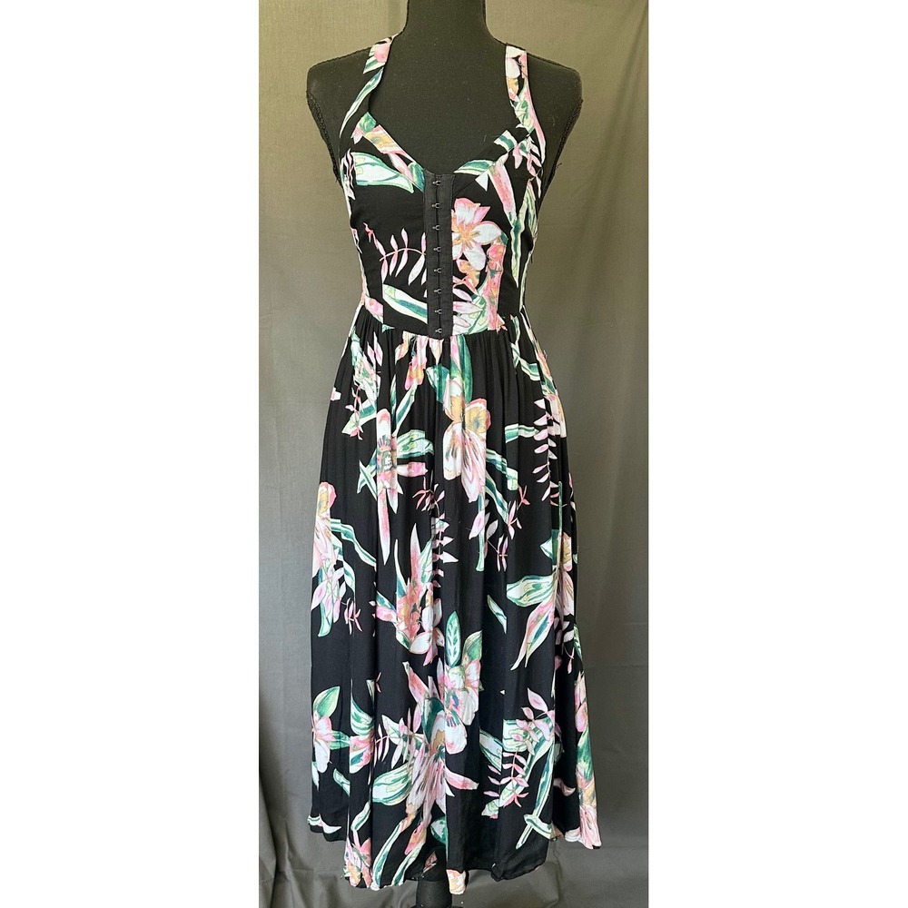 Kimchi Blue Black Midi Dress with Pink & Green Floral Print